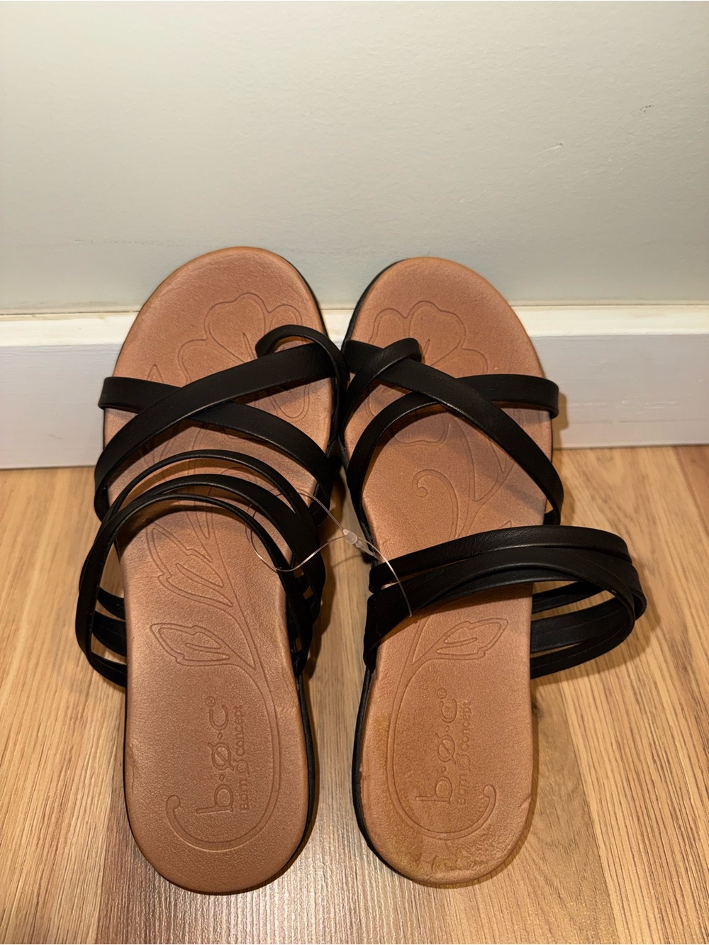 b.o.c. Black Multi-Strap Slide Sandals with Tan Footbed